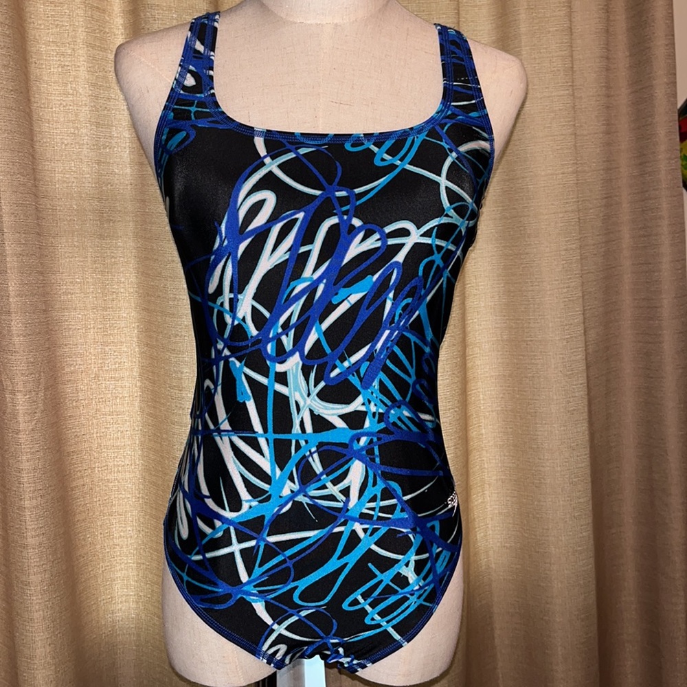 Speedo Competition Womens 6 32 Swimsuit One Piece Blue White Scribble on Black